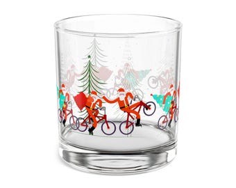 Cycling Santas 10oz Rocks Cocktail Glass Christmas Party Mid-Century Modern Inspired Kitsch Cocktail Tiki Bar Holiday Dinner Party