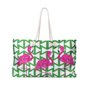 Flamingo Tote Bag Preppy Pink & Grün Pop Art MCM Mitte des Jahrhunderts Moderne Pool Strand Seetasche Wochenende Reisetasche Alltag Swanky Kitsch Reisetasche