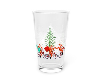 Cycling Santas 16oz Pint Glass Christmas Party Mid Century Modern Inspired Kitsch Cocktail Tiki Bar Holiday Party Barware Holiday Gift
