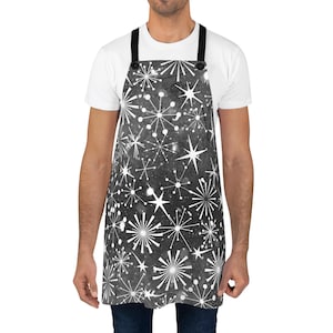アトミック スプートニク エプロン - ホリデー クリスマス、幾何学模様のポップアート、調理、ベーキング、グリル用アクセサリー、MCM ミッドセンチュリー モダン ホーム