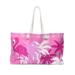 Flamingo Palmen Einkaufstasche Preppy Pink Pop Art MCM Mid Century Modern Pool Strand Seetasche Wochenend Reisetasche Alltags Swanky Kitsch Tasche