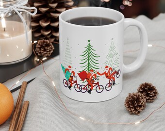 Cycling Santas Mug 11oz Christmas Kitsch Coffee Tea Cocoa Hot Chocolate Biker Stocking Stuffer Gift Ceramic Mug Christmas Holiday Party