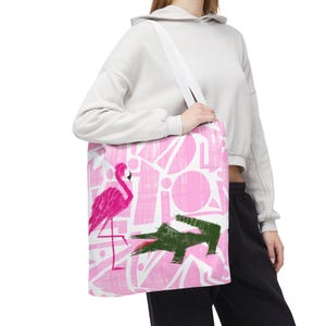 Flamingo Alligator Tote Bag Kubist Pop Art MCM Design Mid Century Modern Pool Strand Seetasche Wochenendreise Alltag Swanky Kitsch Reisetasche
