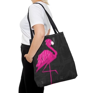 Flamingo Pink Schwarz Einkaufstasche Kubist Pop Art MCM Design Mid Century Modern Pool Strand Seetasche Wochenendreise Alltag Swanky Kitsch Reisetasche