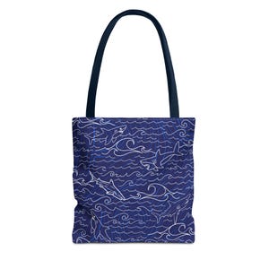 Haifischgewässer Einkaufstasche Blau Weiß Meer Ozean Leben Kreatur Fisch Strand Pool Kreuzfahrt Reise Carryon Alltag Schule Büro Einkaufstasche