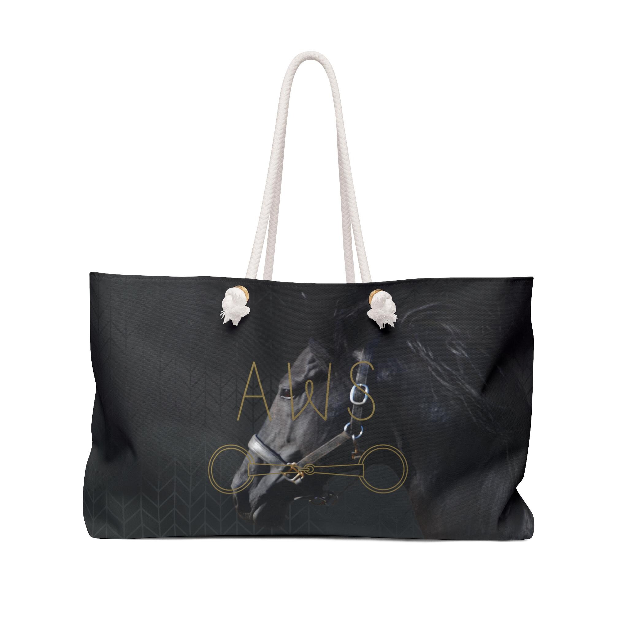 Sac fourre-tout personnalisé cheval noir monogramme, sac pour amateurs de chevaux équestres, cabas Equus dressage cavalier équin, sac de voyage croisière plage piscine