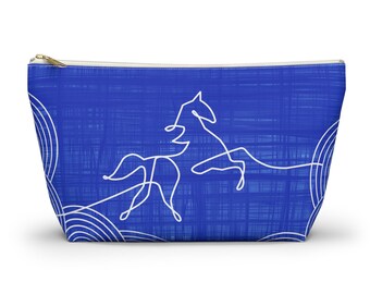 Pochette zippée pour accessoire cheval, bleu et blanc, inspiration vintage moderne Mid-Century, art équestre pour les amateurs de chevaux, stylos à crayons, articles de toilette, trousse de voyage