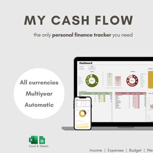 MI FLUJO DE CAJA / Excel + Hojas de cálculo / Rastreador de finanzas personales simple / Plantilla de hoja de cálculo para planificar el presupuesto mensual y anual / Rastreador de gastos