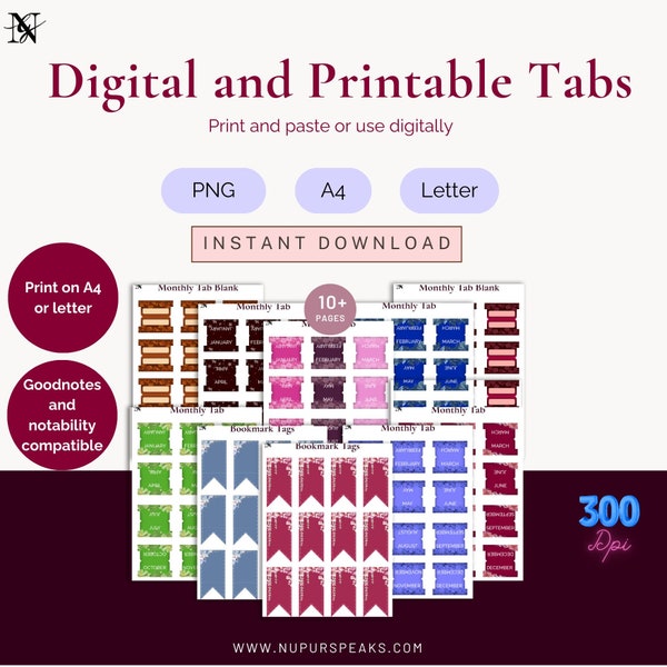 Planer Tabs Printable | Ordner-Tabs | druckbare Trennblätter | bearbeitbare Tabs | Ipad Aufkleber | Lesezeichen | Aufkleber