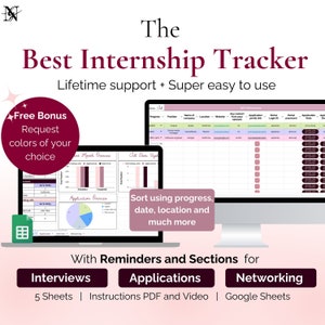 Puede incluir: Un rastreador de prácticas digital con el texto "The Best Internship Tracker". La imagen muestra una computadora portátil y un monitor que muestra hojas de cálculo. El rastreador incluye secciones para entrevistas, solicitudes y networking. Ofrece soporte de por vida y es fácil de usar.