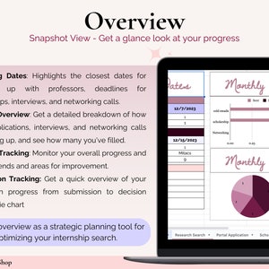 May include: A laptop screen displaying a spreadsheet with the title "Monthly Update" and a pie chart with the title "Monthly Update". The spreadsheet shows dates, deadlines, and progress tracking for applications, interviews, and networking calls. The pie chart shows the progress of applications, interviews, and networking calls.