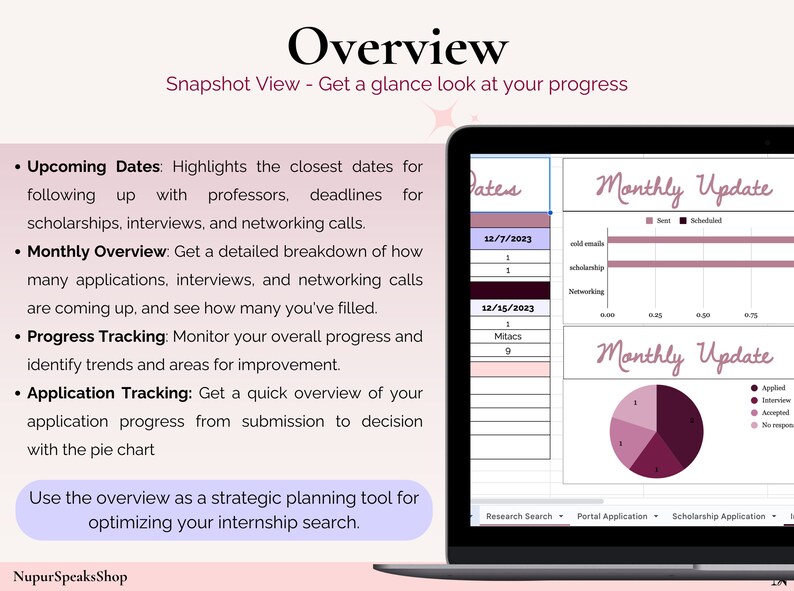 May include: A laptop screen displaying a spreadsheet with the title "Monthly Update" and a pie chart with the title "Monthly Update". The spreadsheet shows dates, deadlines, and progress tracking for applications, interviews, and networking calls. The pie chart shows the progress of applications, interviews, and networking calls.