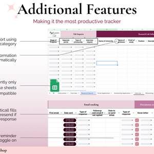 May include: A screenshot of a spreadsheet application with the title "Additional Features: Making it the most productive tracker". The spreadsheet has tabs for "Tab Imports", "Research Lab Info", "Email Tracking", and "Documents sent with email".