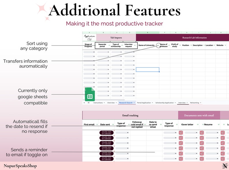 May include: A screenshot of a spreadsheet application with the title "Additional Features: Making it the most productive tracker". The spreadsheet has tabs for "Tab Imports", "Research Lab Info", "Email Tracking", and "Documents sent with email".