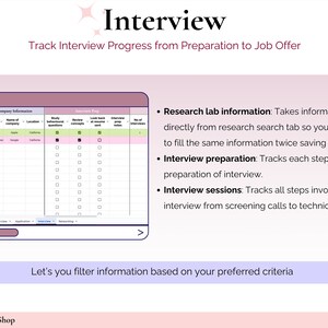 May include: A pink and white digital planner with a spreadsheet for tracking interview progress. The spreadsheet includes columns for stage of progress, position, company name, location, study behavioral questions, review interview examples, look back at resume sent, interview prep notes, and number of interviews. The text "Interview" is in a large font at the top of the planner. The text "Track Interview Progress from Preparation to Job Offer" is below the title. The text "Let's you filter information based on your preferred criteria" is at the bottom of the planner.