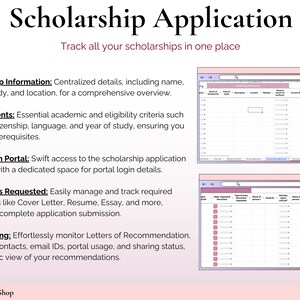 May include: A pink and white digital planner with the text "Scholarship Application" and "Track all your scholarships in one place". The planner includes sections for scholarship information, requirements, application portal, documents requested, and LoR tracking.