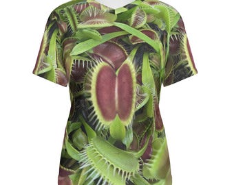 TrappedV4 Venus Flytrap T-shirt à manches courtes et col en V pour femme en tissu résille imprimé