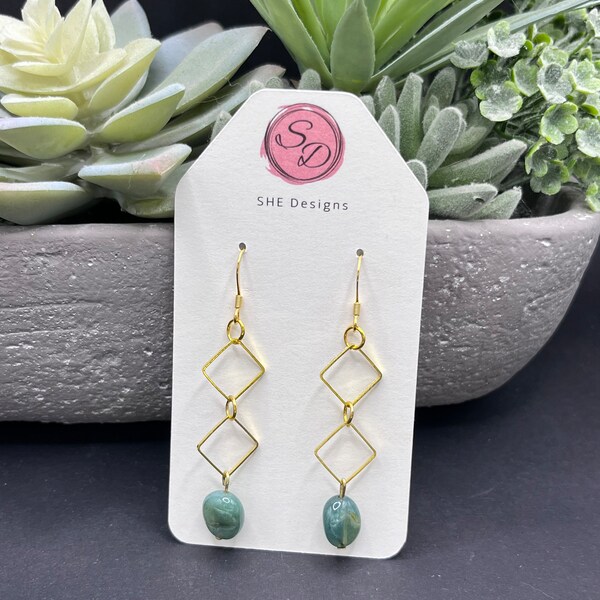 Geometric gold dangle earrings with premium jade colored gemstone