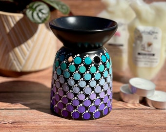 Wax melter oil burner with tea light candles hand painted mandala dot art