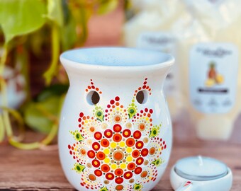 Wax melter oil burner with tea light candles hand painted mandala dot art