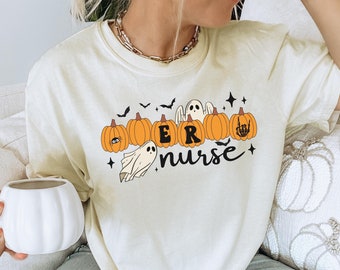 Comfort Colors Spooky ER Nurse Shirt, Halloween Women's Shirt, Nurse Shirt, RN Shirt, Nurse Halloween, Gift for Nurse, Ghost Nurse Tshirt