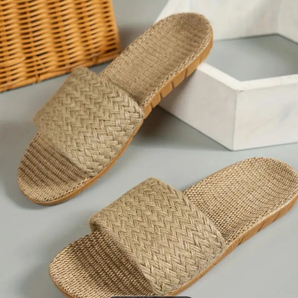 Women’s neutral color woven slides, casual summer slippers.boho style slip on
