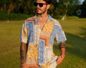 Geometric pattern viscose colorful button up shirt, Hippie abstract shirt ,Tribal oversize beach shirt, Short sleeve shirt Sezarcollections