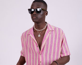 Pink striped linen shirt, Button down summer v neck linen shirt, Short sleeve stripes linen shirt, collared linen shirt Sezarcollections