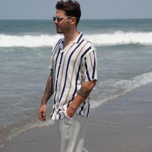 White stripe beach shirt, Button-down short sleeve shirt, Blue striped oversize men's shirt, Vintage 90s striped shirt Sezarcollections image 4