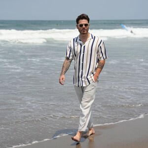 White stripe beach shirt, Button-down short sleeve shirt, Blue striped oversize men's shirt, Vintage 90s striped shirt Sezarcollections image 2