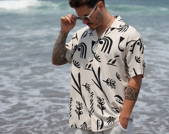 Cream viscose short sleeve shirt, Leaf print beach aloha shirt, Buttoned oversized summer shirt,Abstract hawaiian shirt men Sezarcollections