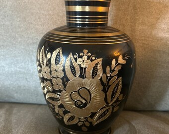 Late 20th century metal vase with brass etch floral