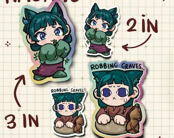 Könnte beinhalten: Drei Sticker-Designs mit einer Comicfigur mit grünen Haaren und Katzenohren. Die Figur trägt in jedem Design verschiedene Outfits. Die Sticker sind in den Größen 5 cm und 7,5 cm erhältlich. Der Text "Robbing Graves" ist in zwei der Designs enthalten.