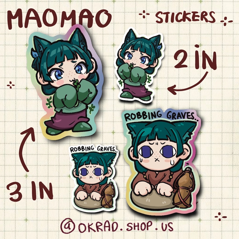 May include: Three sticker designs featuring a cartoon character with green hair and cat ears. The character is wearing different outfits in each design. The stickers are available in 2 inch and 3 inch sizes. The text "Robbing Graves" is included in two of the designs.