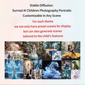 May include: A collage of images showcasing AI-generated photography portraits of children in various surreal settings. The images feature children in different costumes and poses, with backgrounds ranging from whimsical forests to fantastical castles.