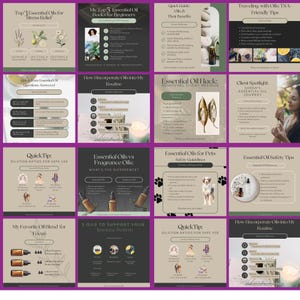 Puede incluir: Un collage de 12 cuadrados al estilo de Instagram con consejos e información sobre aceites esenciales. Los cuadrados están dispuestos en una cuadrícula y tienen un fondo morado. El texto en los cuadrados está en fuente blanca. Algunos cuadrados tienen imágenes de botellas de aceites esenciales, plantas y animales.