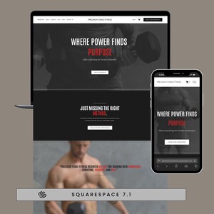 Peut inclure: Présentation d'un site web pour Precision Forge Fitness sur un ordinateur portable et un smartphone. Le site web présente un design en noir et blanc avec le texte "WHERE POWER FINDS PURPOSE" et "JUST MISSING THE RIGHT METHOD."