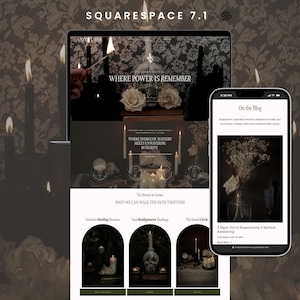 Pode incluir: Um laptop e um smartphone exibem um site com o texto "WHERE POWER IS REMEMBER" e "WHERE ENERGETIC MASTERY MEETS UNWAVERING INTEGRITY." O site apresenta imagens de velas, flores e texto. O smartphone mostra uma postagem de blog.