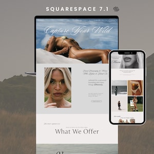May include: A laptop and smartphone displaying a website design. The laptop screen shows a woman on a beach with the text "Capture Your Wild." The phone shows a woman's face and other images. The website promotes photography services.
