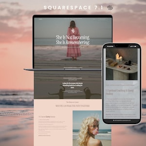 May include: A laptop and smartphone showing a website with a woman in a pink dress on a beach. The laptop screen displays "She Is Not Becoming. She Is Remembering." The phone shows candles and text about spiritual coaching.