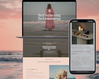 May include: A laptop and smartphone displaying a website with a woman in a pink dress on a beach. The laptop screen reads "She Is Not Becoming. She Is Remembering." The phone shows candles and text about spiritual coaching.
