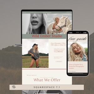 May include: A website design for Wild Ember Studio is displayed on a laptop and a smartphone. The website features images of a woman with a horse and a woman in a field. The smartphone displays a "free guide" with the title "How to Prepare for a Powerful Photography Session."