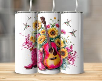 Sunflower Serenade Western PNG Vibrant Pink Guitar, Cowboy Boots, Sunflowers, and Hummingbirds Sublimation Design for T-Shirts, Mugs, Crafts