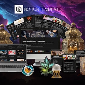 May include: A digital Notion template with the text "Notion Template" displayed on a laptop, tablet, and phone. The image includes a crystal ball, a decorative lantern, a book, and other mystical elements. The background features a colorful, ethereal design.