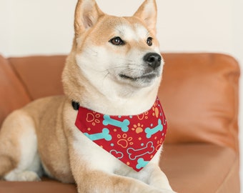 Pet Bandana Collar - Red w/Blue Bones