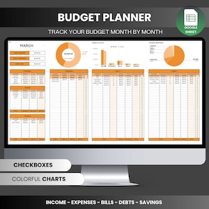 May include: A computer screen displaying a budget planner template with a colorful chart and checkboxes. The template is designed to track income, expenses, bills, debts, and savings. The text on the screen reads "BUDGET PLANNER" and "TRACK YOUR BUDGET MONTH BY MONTH".