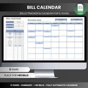 Bills Tracker and 5 Year Calendar Template for Google Sheets, Annual Planner, Budget Planner, Next 5 Years Claendar, Spreadsheet