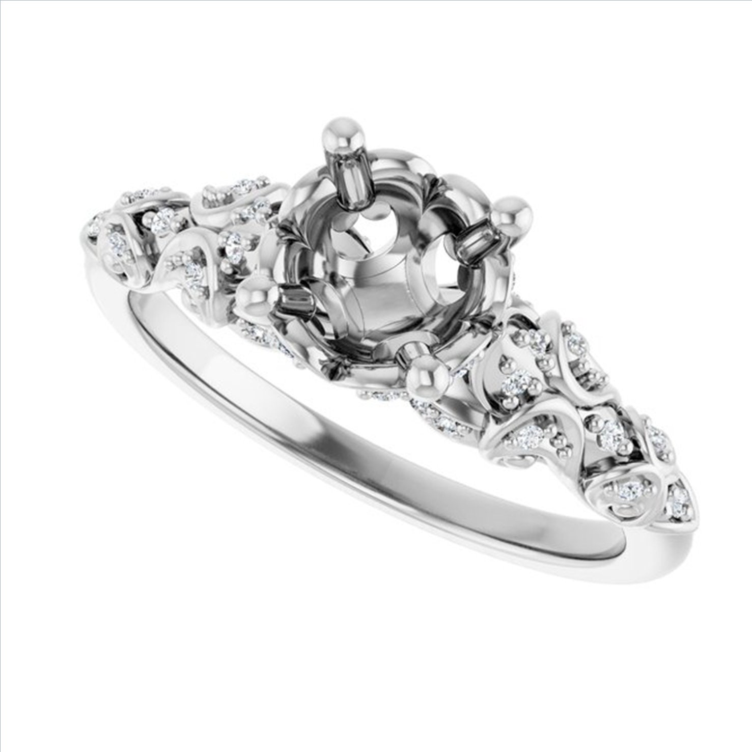 Sculptured Round Shape Diamond Semi Mount Ring 14k White Gold, Vintage Round Semimount Ring