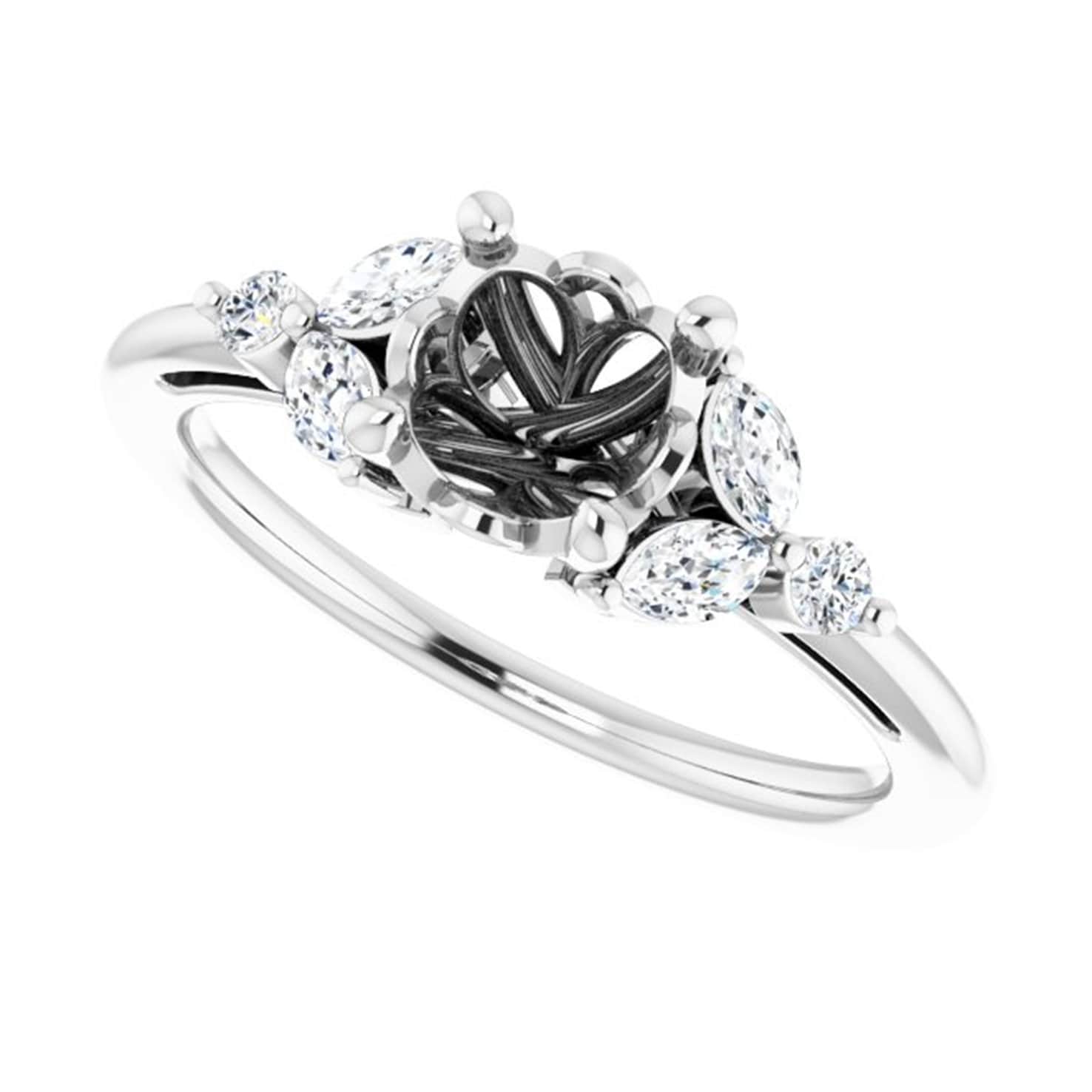 Trillium Diamond Mount Ring 14k White Gold, Minimalist Semi Mount Ring, Elvish Round Engagement