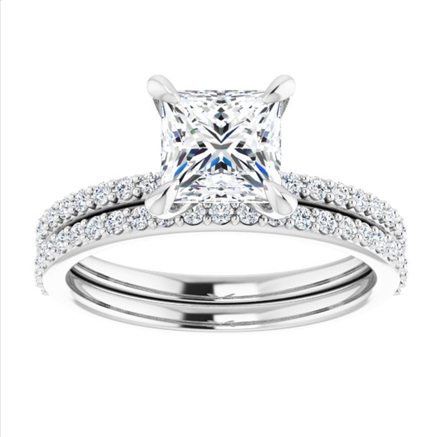 Edwardian Princess Semimount Ring Platinum, Four Claw Square Mount Ring, Dainty Princess